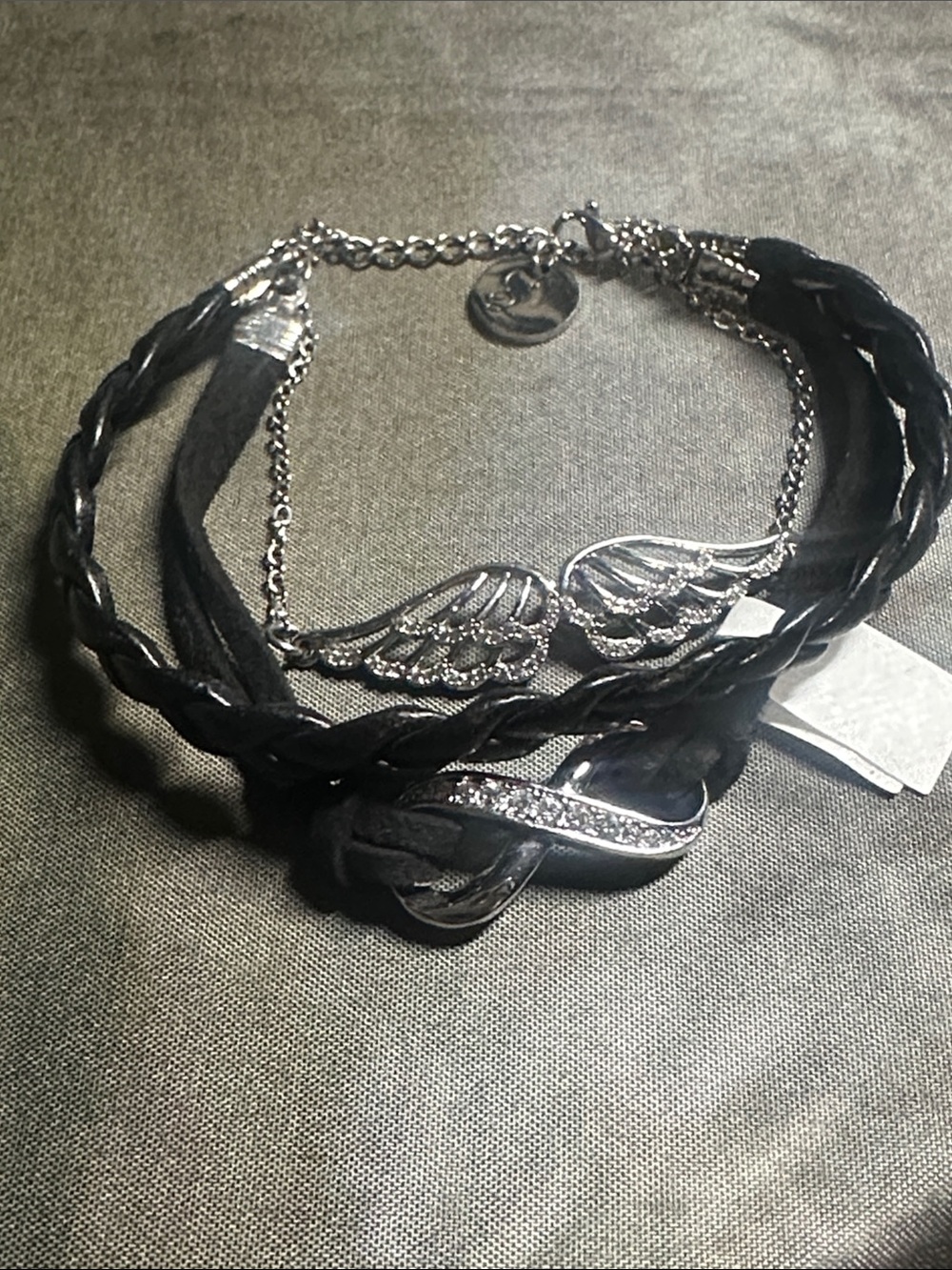 Black Layered stainless steel Wing with rhinestones & Braided Bracelet